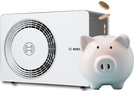 Bosch heat pump with piggy bank representing heating cost savings