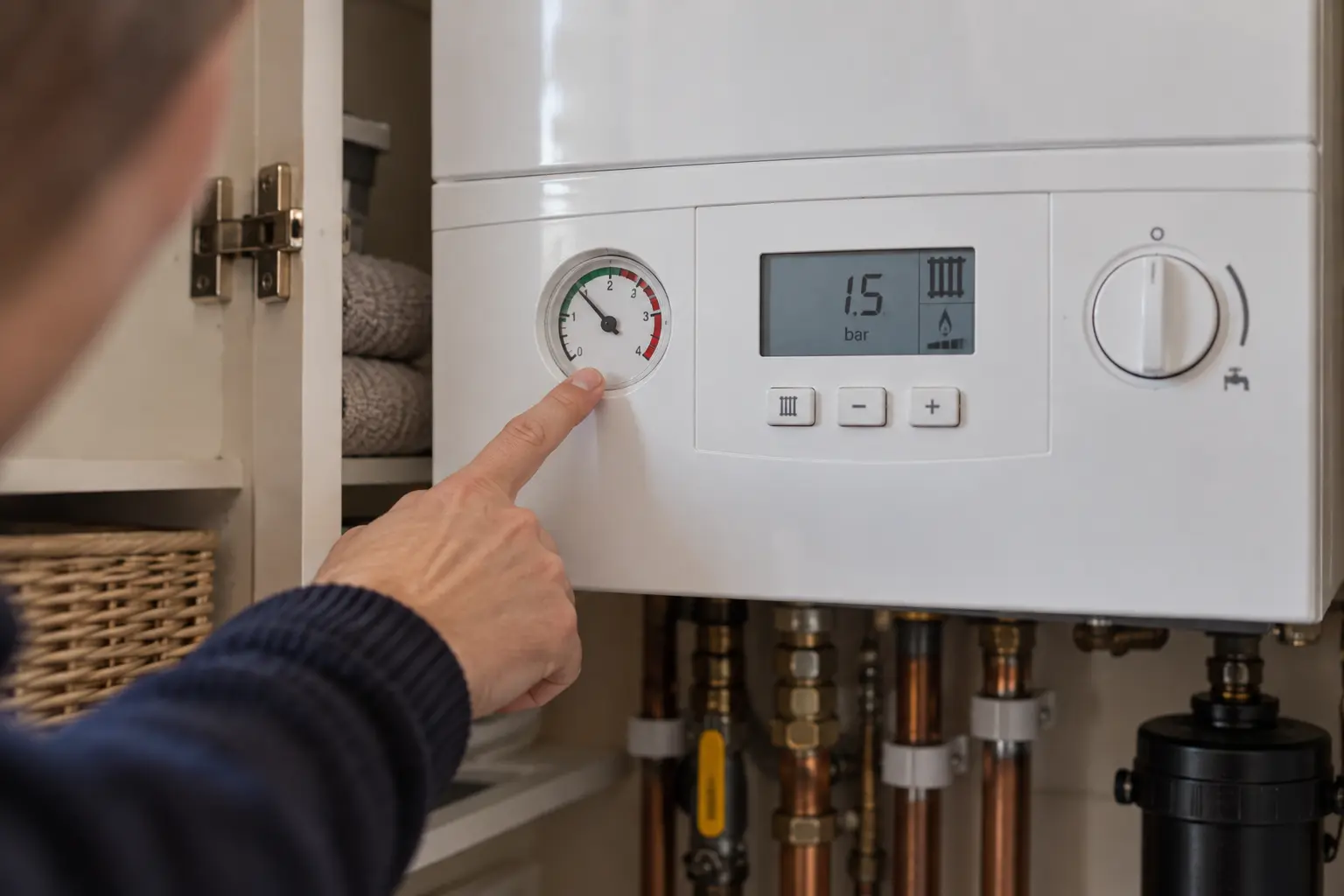 Homeowner checking the pressure gauge on a boiler in a home utility cupboard