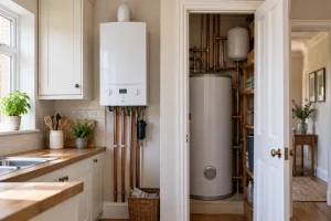 Wall-mounted combi boiler next to a hot water cylinder in an airing cupboard, showing the difference between boiler types