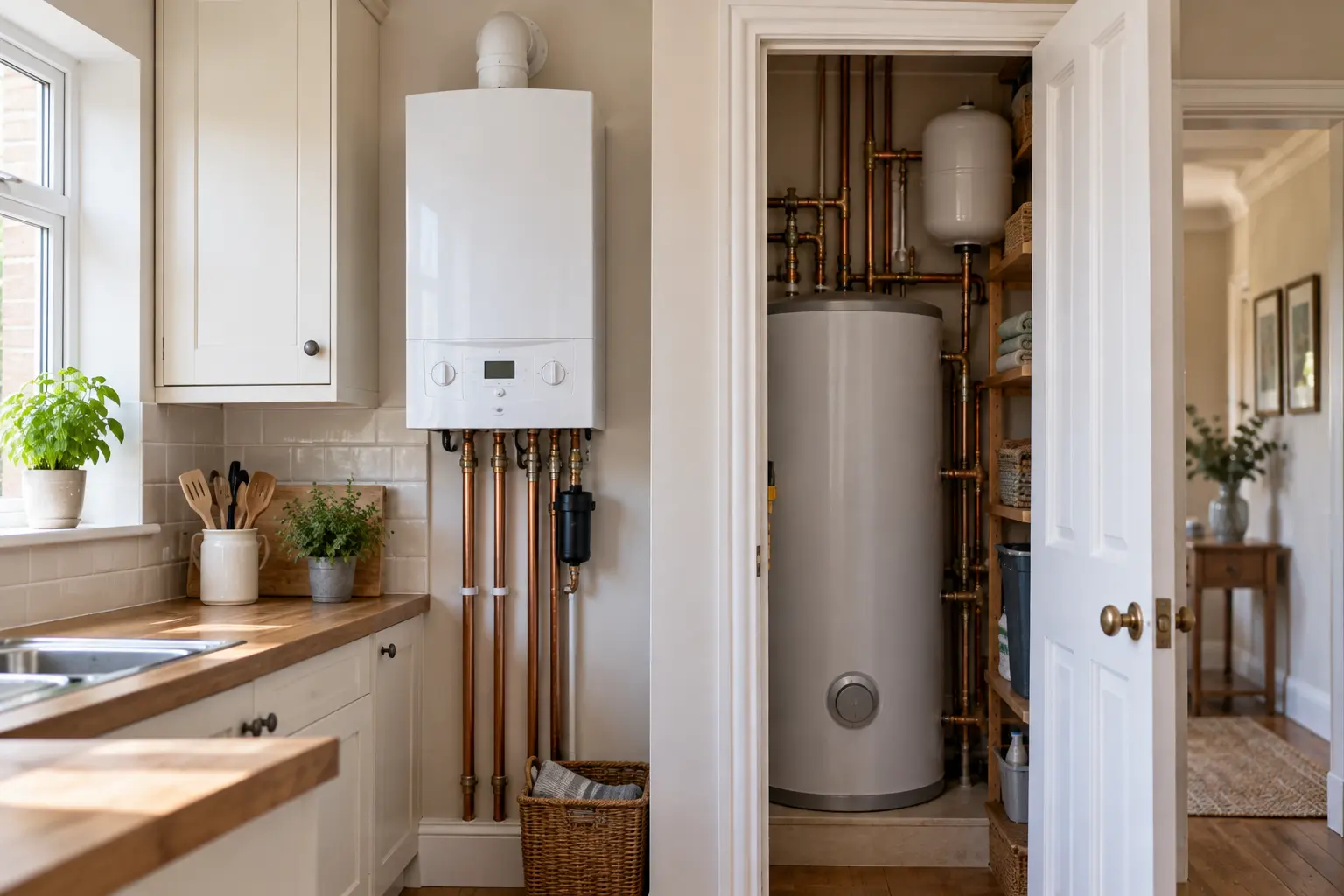 Wall-mounted combi boiler next to a hot water cylinder in an airing cupboard, showing the difference between boiler types