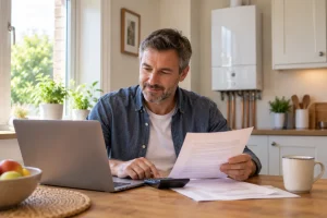 Homeowner reviewing boiler finance options on a laptop with a calculator nearby