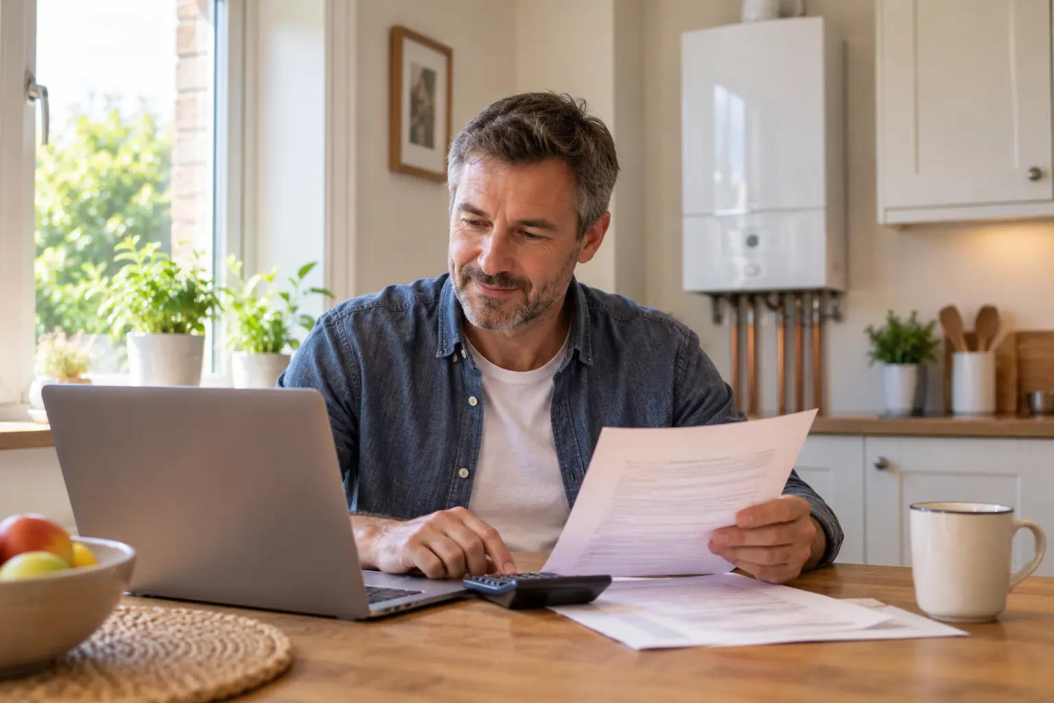 Homeowner reviewing boiler finance options on a laptop with a calculator nearby