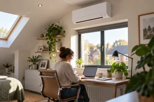 Wall-mounted air conditioning unit above a desk in a bright home office