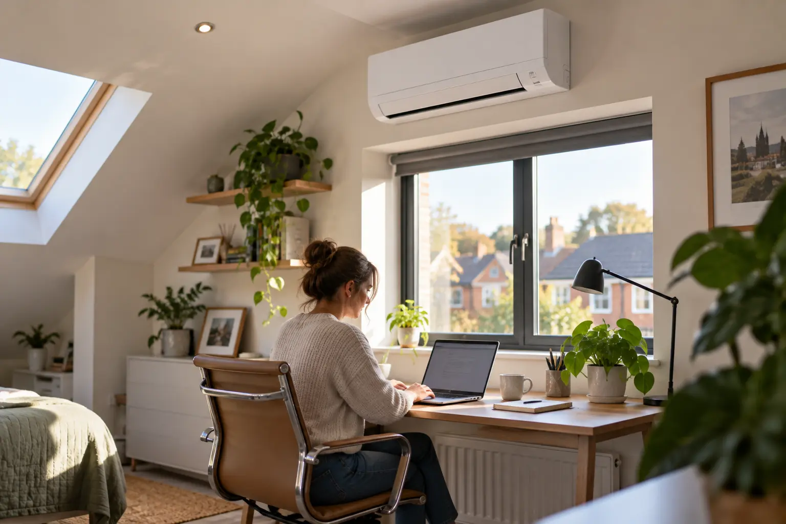 Wall-mounted air conditioning unit above a desk in a bright home office
